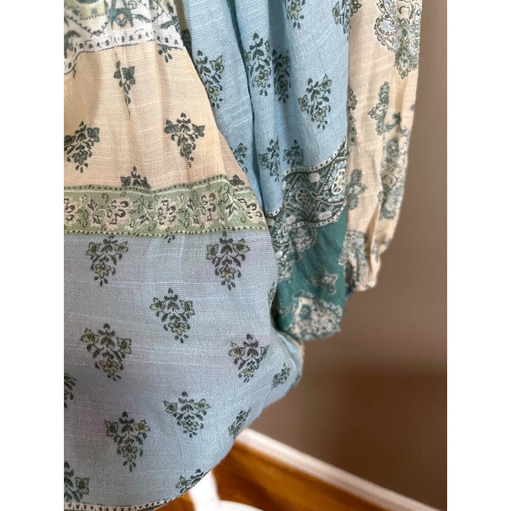 Patchwork Boho Top Aqua Gauze Balloon Sleeves Ethereal Cottage Fairy Coastal S - Picture 9 of 9